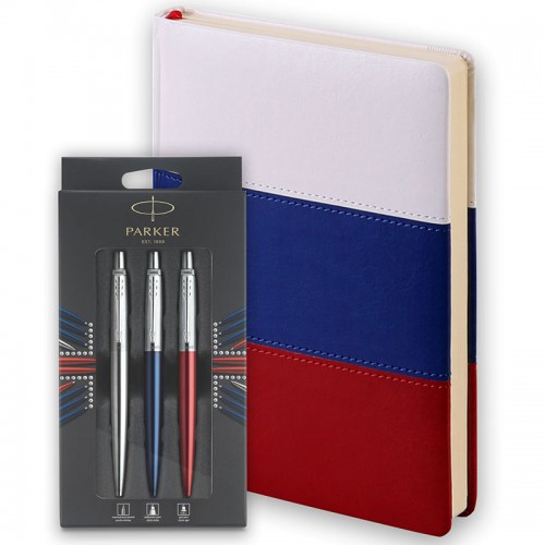 Набор Parker Jotter London Trio: гелевая ручка Red CT + шариковая ручка Blue CT + карандаш Stainless Steel CT и ежедневника триколор в Екатеринбурге